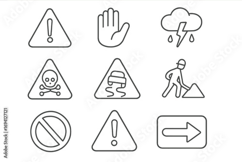 Warning signs linear icon set. Caution, safety, weather, and road traffic symbols. Danger, slippery road, construction, and stop signs. Vector line art illustration.
