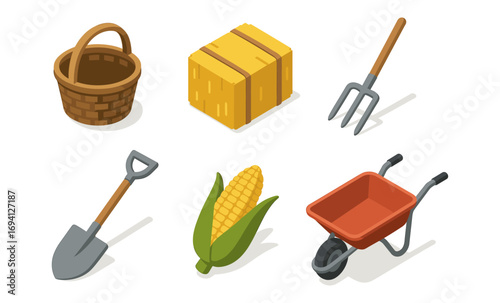 Farming tools and produce in isometric design with basket, hay, and wheelbarrow