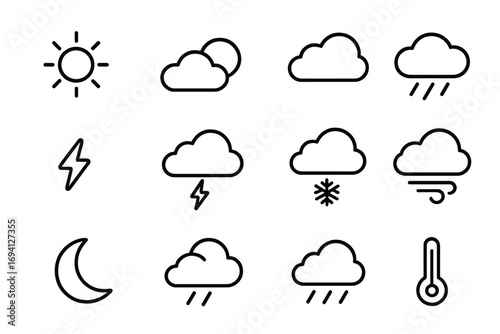 Weather forecast outline icon set. Simple meteorology and climate vector symbols for UI app. Line art pictogram collection includes sun, rain, snow, storm, and wind.