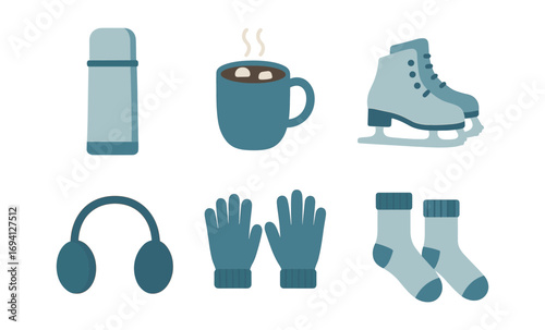 Cozy winter essentials: flat design of skates, mug, and more