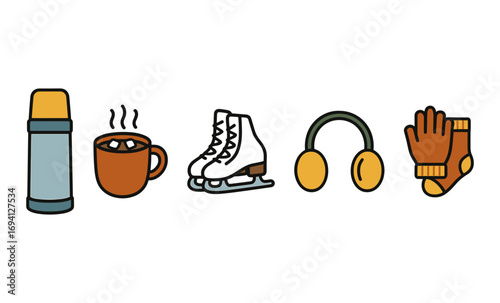 Winter essentials in flat style: thermos, coffee, ice skates, ear muffs, gloves