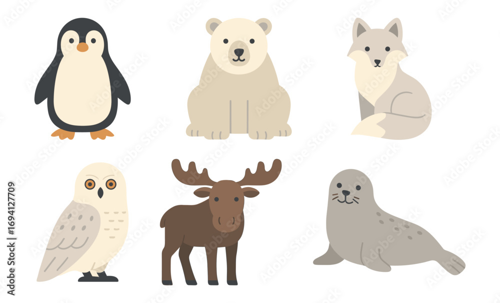 Naklejka premium Cute arctic animals collection featuring penguin, polar bear, fox, owl, moose, and seal