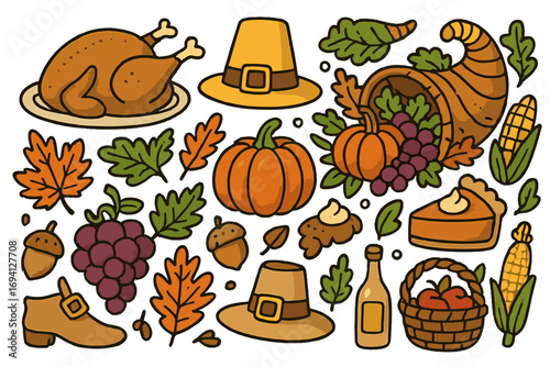 Thanksgiving doodle art collection. Holiday feast elements with turkey, pumpkin, pie, cornucopia, pilgrim hat, autumn leaves. Vector cartoon harvest symbols icon set.