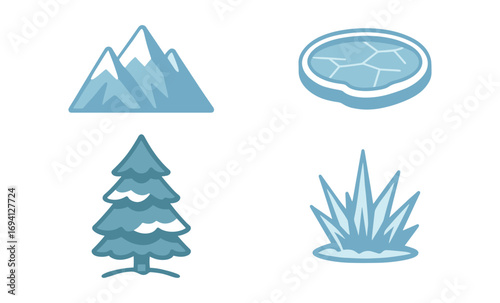 Winter elements collection: mountains, icicles, pine tree, snowflakes, icy pond, frosty grass