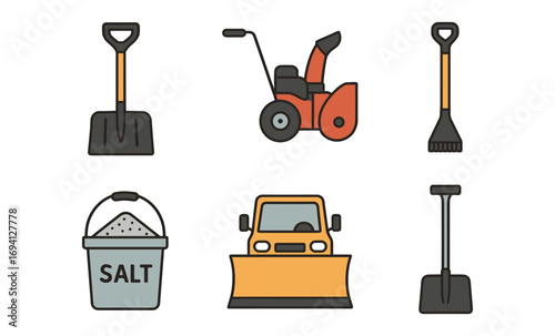 Winter equipment icons: snowblower, shovel, salt bucket - essential tools for snow removal