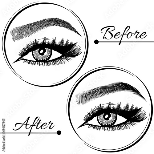 Illustration with woman's eyes, eyelashes and eyebrows. Makeup Look. Tattoo design. Logo for brow bar or lash salon. Before and after coloring care. Set of well-groomed and shaggy eyebrows.