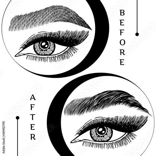 Illustration with woman's eyes, eyelashes and eyebrows. Makeup Look. Tattoo design. Logo for brow bar or lash salon. Before and after coloring care. Set of well-groomed and shaggy eyebrows.