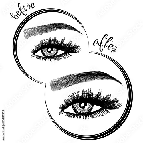 Illustration with woman's eyes, eyelashes and eyebrows. Makeup Look. Tattoo design. Logo for brow bar or lash salon. Before and after coloring care. Set of well-groomed and shaggy eyebrows.
