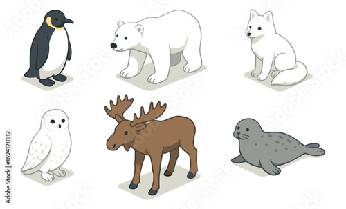 Isometric arctic animals collection: penguin, bear, fox, owl, moose, seal