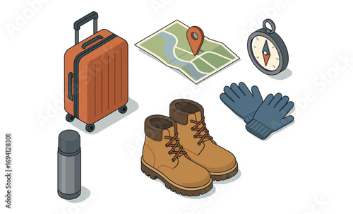 Isometric travel essentials: suitcase, map, compass, gloves, boots, thermos