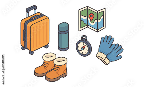 Travel and adventure essentials in isometric style: luggage, map, boots, compass, gloves, thermos