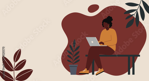 Professional Black woman focused on her laptop, working remotely or studying in a modern, serene environment. Ideal for business, technology, education, or lifestyle content.