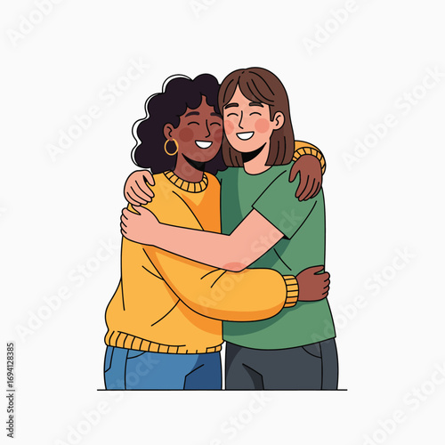 Two Happy Young Women Embracing Each Other with Warmth and Affection