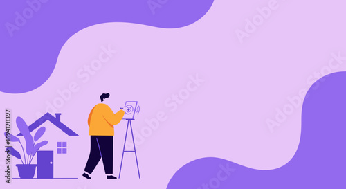 Person using a smart home device on a tripod, managing technology or security in a modern residential setting. Ideal for concepts of connectivity, automation, or creative work at home.