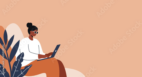 Young woman focused on remote work with her laptop in a modern, calm environment. Ideal for themes of productivity, digital nomad lifestyle, or creative business.