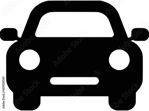 Black automobile icon in a flat style, showing a front view. Vector graphic of a car symbol for web, apps, and automotive services, an isolated transportation silhouette