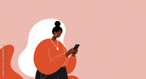 Modern illustration of a woman texting on her smartphone. Depicts digital communication, social networking, and online connection in everyday life. Perfect for lifestyle and technology concepts.