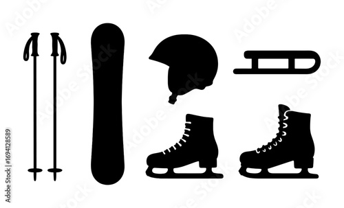 Winter sports gear silhouettes: equipment for skiing, snowboarding, and ice skating