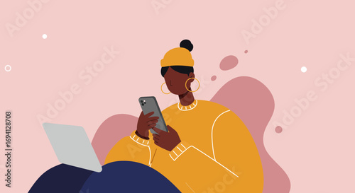 Modern Black woman using smartphone, with laptop nearby, illustrating digital connectivity, remote work, or social media engagement in a casual setting.