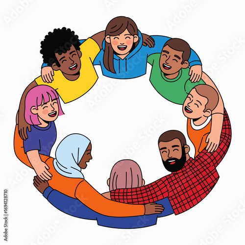 Diverse Group of Happy People Embracing Each Other in Unity and Friendship
