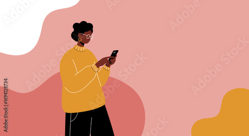Modern Black woman uses smartphone, engaging with technology on a vibrant abstract background. Ideal for digital communication, social media, or lifestyle concepts.