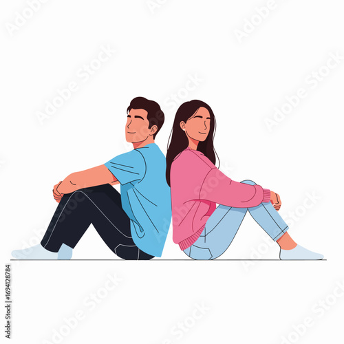 Young Couple Sitting Back to Back Distancing Apart