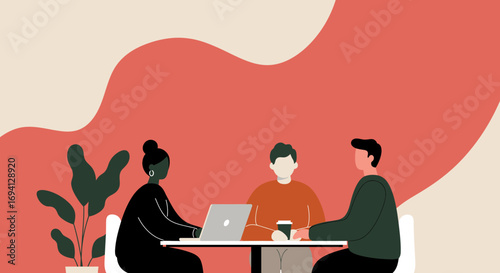 Diverse team collaborates at a table, discussing ideas in a modern office or cafe setting. Ideal for business, startup, or lifestyle content.