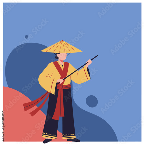 Traditional Asian character in a conical straw hat and cultural attire, holding a staff. Represents heritage, travel, and East Asian culture.