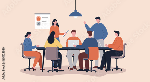 A team of diverse professionals collaborates in an office meeting, discussing ideas and planning projects. Represents teamwork, communication, and corporate strategy.