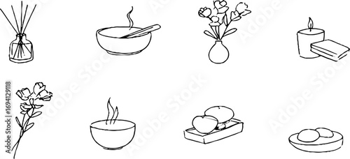 Minimalist line art collection of aromatherapy items for relaxation and aesthetic decor