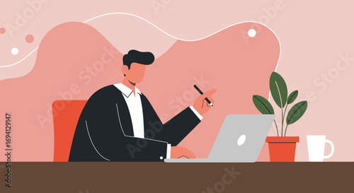 Professional man focused on his laptop, working diligently at a modern desk setup. Ideal for business, remote work, or technology concepts.