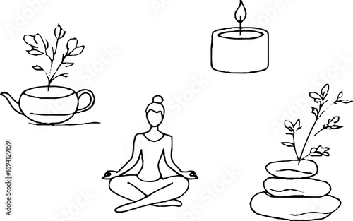 Minimalist line art collection of woman yoga with candle, calm wellness meditation design.
