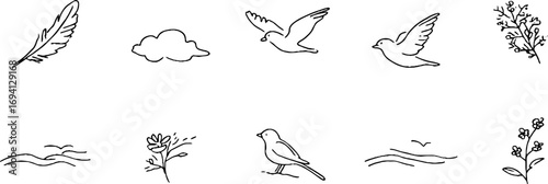 Minimalist line art collection featuring birds, feathers, and nature elements for design