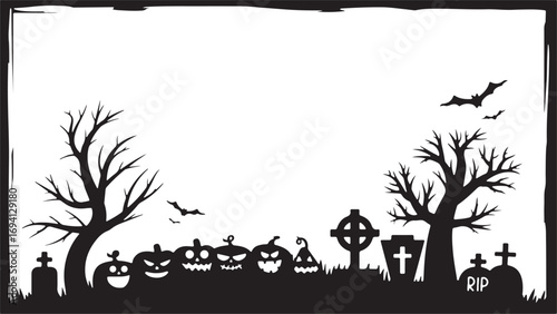 Halloween graveyard silhouette, spooky cemetery illustration, haunted grave doodle, graveyard silhouette art, horror cemetery design, doodle Halloween grave, scary tombstone illustration, grave silhou