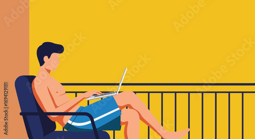 Man working remotely on a laptop from a sunny balcony, embodying digital nomad lifestyle, work-life balance, and summer productivity.