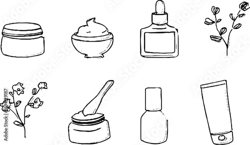 Minimalist line art collection of cream jar and serum for aesthetic skincare design
