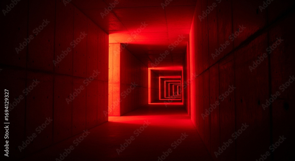 Fototapeta premium Dramatic red neon light illuminates abstract concrete hallway creating a futuristic and mysterious architectural perspective