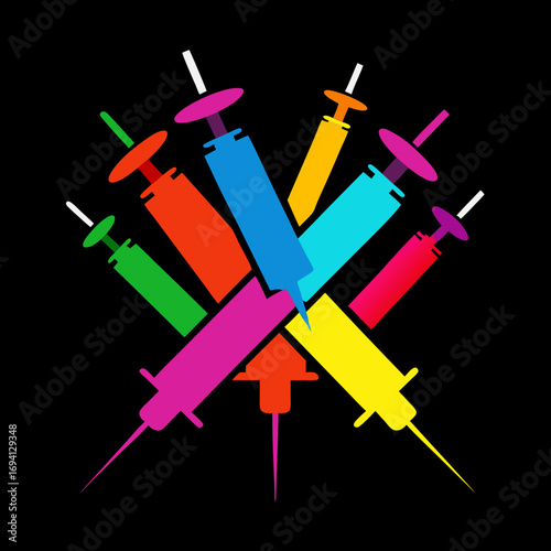 Colorful syringes arranged on black background