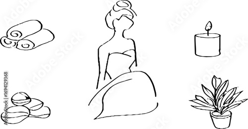 Minimalist line art collection featuring female portrait and spa elements for aesthetic design