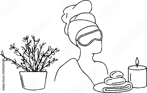 Minimalist line art of woman with spa elements - bohemian aesthetic for relaxation and wellness design