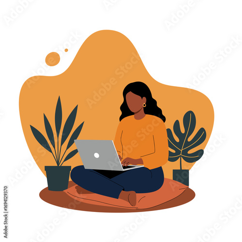 Young woman working remotely on her laptop in a comfortable, modern home setting with plants. Represents productivity, flexible work, and digital lifestyle.