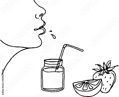 Minimalist line art of woman's face with fruits and drink concept for aesthetic design