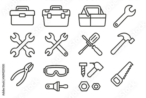 Tool and workshop linear icon set. Vector outline symbols for repair, construction, and DIY projects. Includes hammer, wrench, screwdriver, toolbox, saw, and pliers icons.