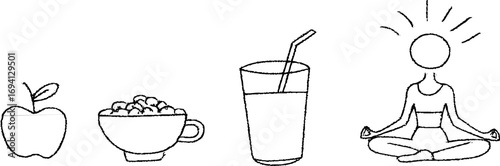 Minimalist line art of healthy breakfast with yoga for wellness design