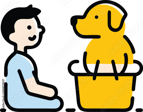 Adorable cartoon boy bonding with his cute golden puppy in a tub