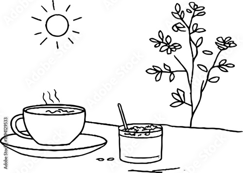 Minimalist line art of healthy breakfast with coffee and oatmeal under the sun