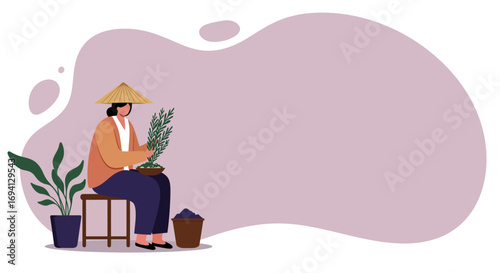 Woman in a conical hat tending to green plants, symbolizing gardening, sustainable agriculture, and a peaceful hobby or lifestyle.