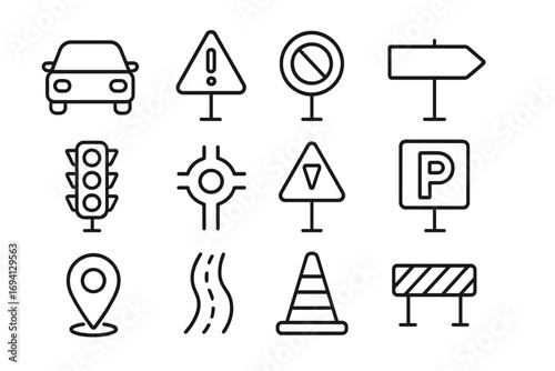 Traffic safety linear icon set. Road signs and navigation symbols collection. Vector outline illustration of car, traffic light, parking, warning, barrier, and direction signs.
