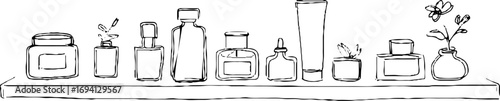 Minimalist line art collection of skincare and perfume jars for aesthetic design