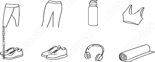 Minimalist line art collection of fitness apparel and accessories for wellness design